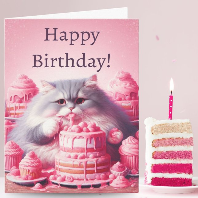 Carte Joyeux Anniversaire Chat Avec Gâteau Rose (Pawsitively Sweet: A Printed Card Featuring a ai artwork  Kitty Munching on Pink Cake)
