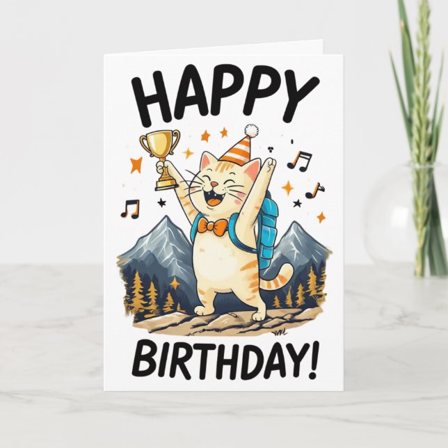 Carte Joyeux Anniversaire Chat Randonneur avec Trophée & (Devant)