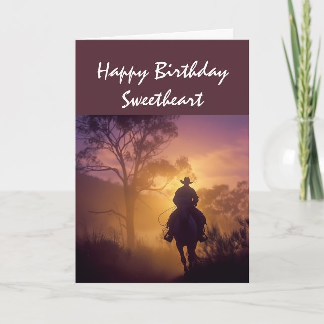 Carte Joyeux Anniversaire Chéri Cowboy Solitaire Coucher (Devant)