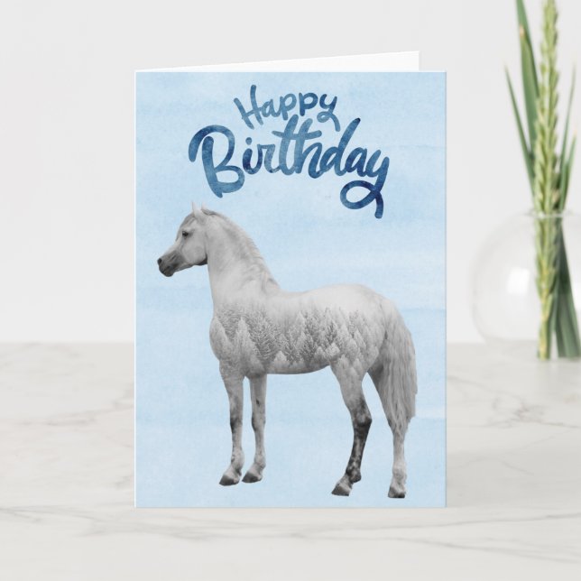 Carte Joyeux anniversaire Cheval Blanc Snowy (Devant)