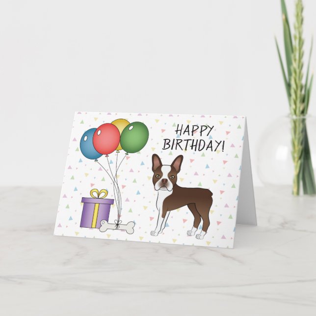 Carte Joyeux Anniversaire Chien Boston Terrier Brun au C (Devant)