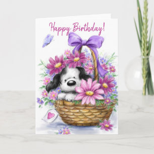 Carte Joyeux Anniversaire, Chien dans un beau panier de