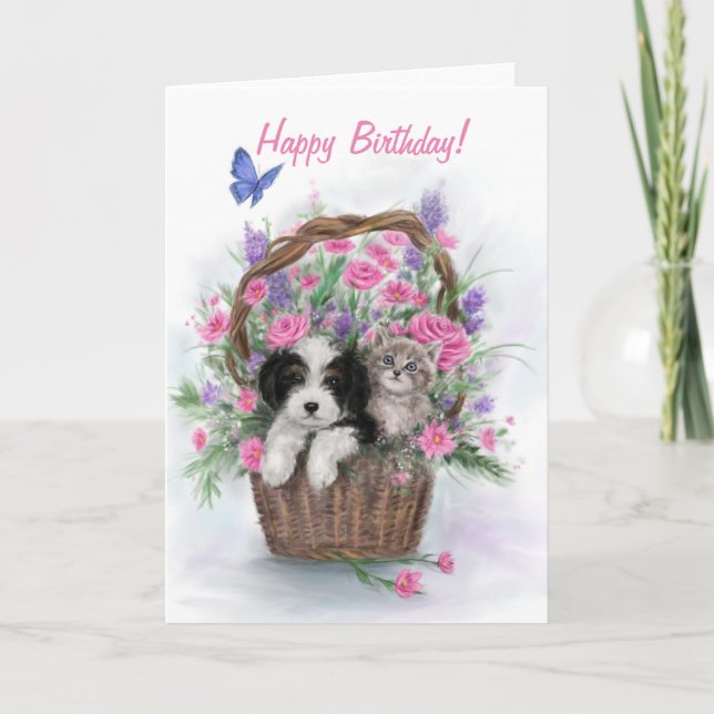 Carte Joyeux anniversaire, chien et chat dans le panier  (Devant)