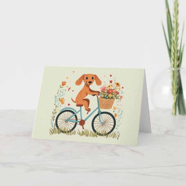 Carte Joyeux Anniversaire Chien Teckel Vélo Fleurs de Pr (Devant)