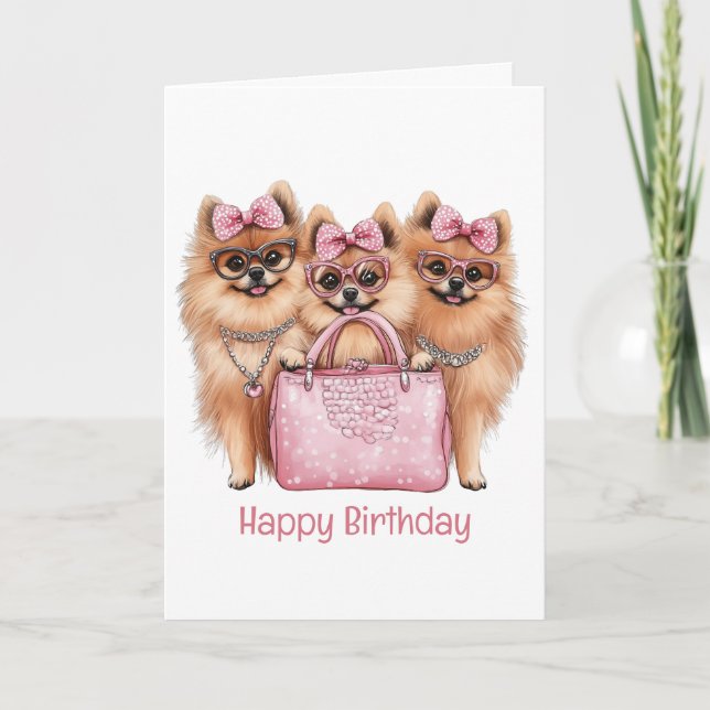 Carte Joyeux anniversaire Chiens de Poméranie à la mode (Devant)