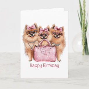 Carte Joyeux anniversaire Chiens de Poméranie à la mode