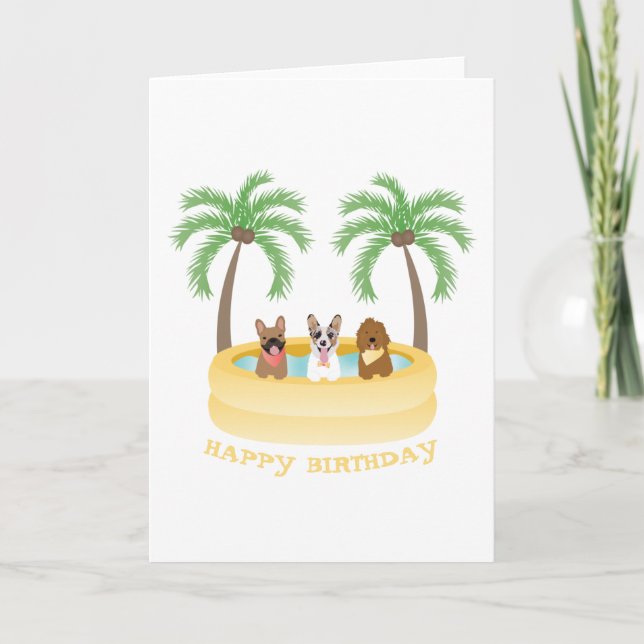 Carte Joyeux Anniversaire Chiens d'été Piscine (Devant)