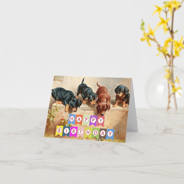 Carte Joyeux anniversaire, chiots de Dachshund, (Fleur jaune)