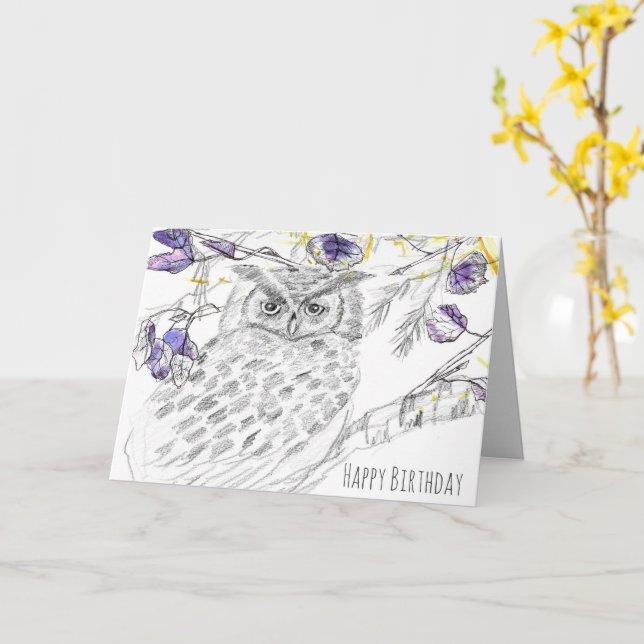 Carte Joyeux Anniversaire Chouette Dans L'Arbre Plus Sag (Fleur jaune)