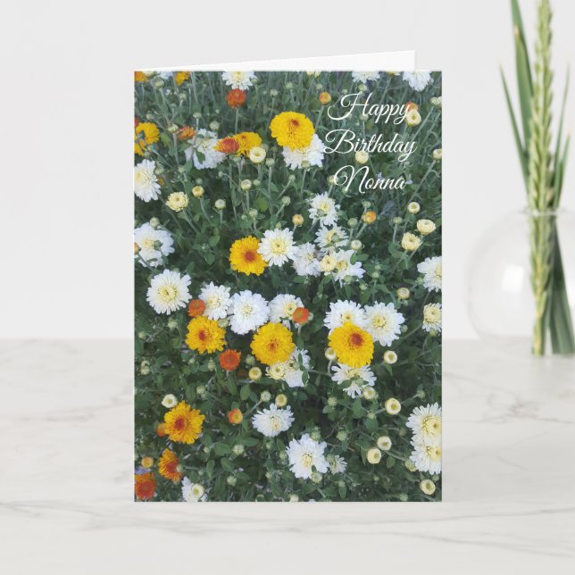 Carte Joyeux anniversaire chrysanthèmes jaunes et blancs (Devant)