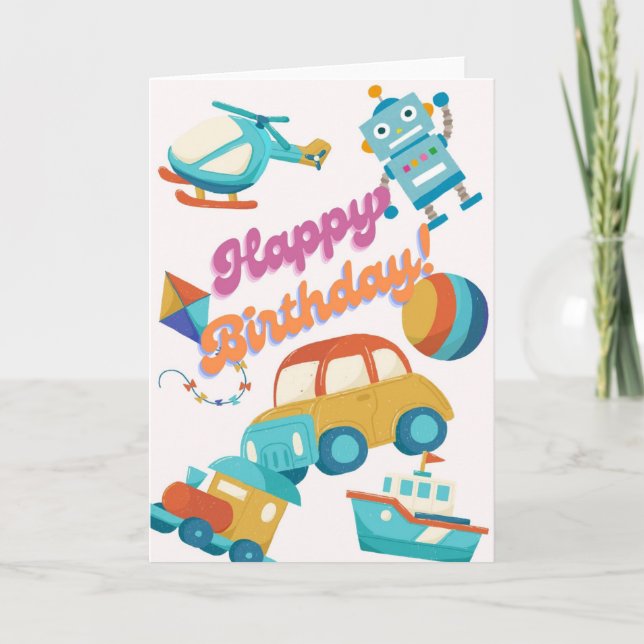 Carte Joyeux Anniversaire Colorée Jouets & Véhicul (Devant)