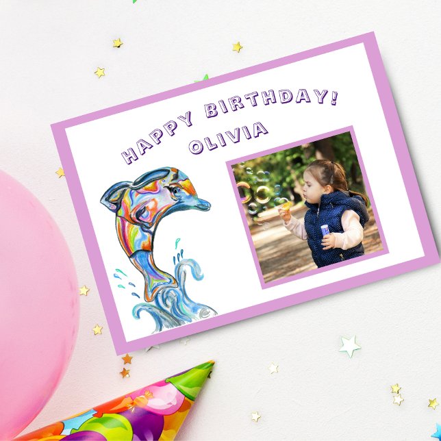 Carte Joyeux Anniversaire Colorful Dolphin Photo personn (Dive into a birthday splash with a personalized dolphin celebration card!)