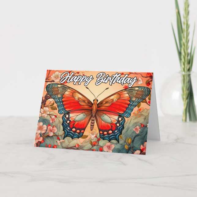 Carte Joyeux anniversaire | Conception papillon vintage (Devant)