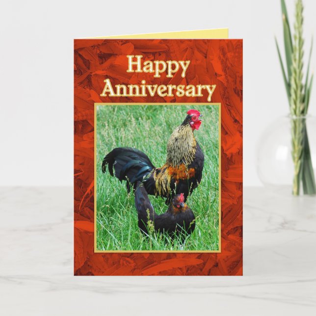 Carte Joyeux Anniversaire Coq et Poule à Plumes Rouges (Devant)