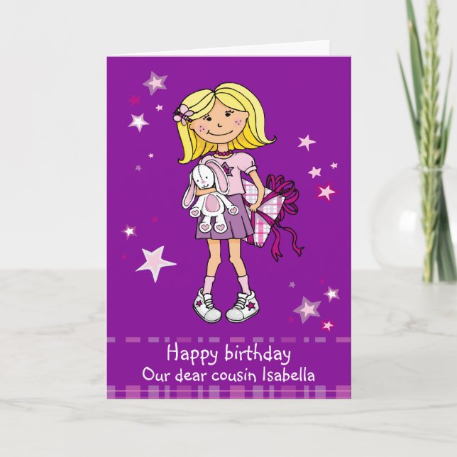 Carte Joyeux Anniversaire cousin blonde fille mauve cart (Devant)