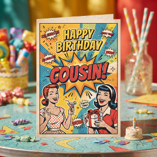 Carte Joyeux Anniversaire Cousin ! Rétro Vintage Pop Art