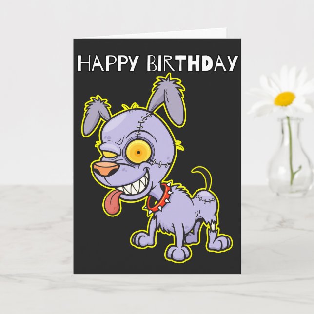Carte Joyeux anniversaire Cranky Zombie Chien Illustrati (Petite plante)