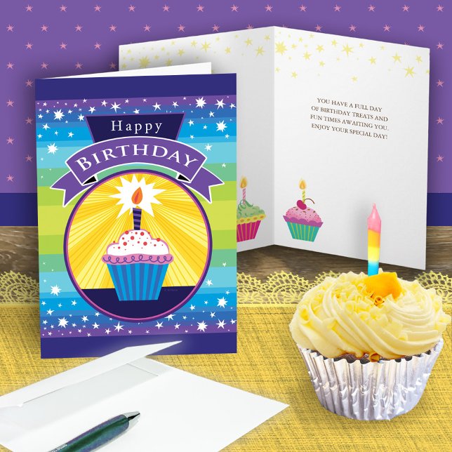 Carte Joyeux Anniversaire Cupcake Stars Purple Blue (Créateur téléchargé)