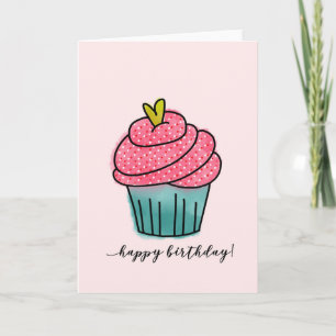 Carte Joyeux anniversaire  Cupcake sur rose pâle