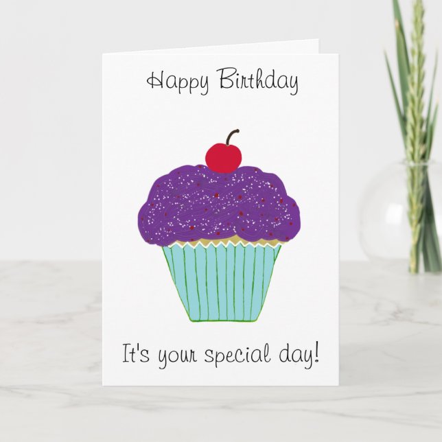 Carte Joyeux anniversaire Cupcake violet cerise (Devant)