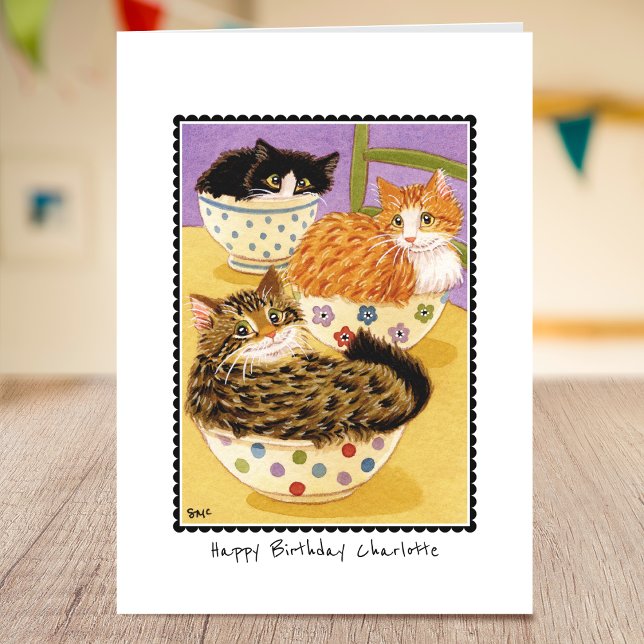 Carte Joyeux Anniversaire Cute Cats dans les Bowls Custo (Créateur téléchargé)