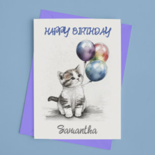 Carte Joyeux Anniversaire Cute Kitten avec Ballons