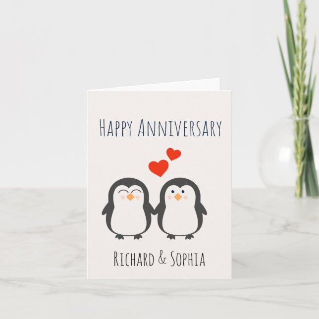 Carte Joyeux Anniversaire - Cute Penguin Couple Card (Devant)
