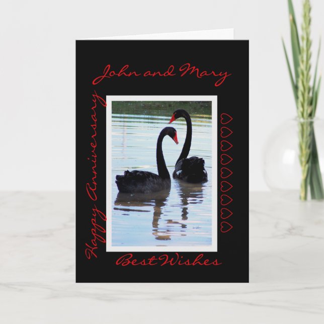 Carte Joyeux anniversaire, cygnes noirs, John et Mary (Devant)