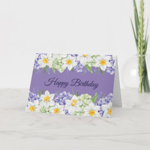 Carte Joyeux anniversaire Daffodil et fleurs d'Hydrangea