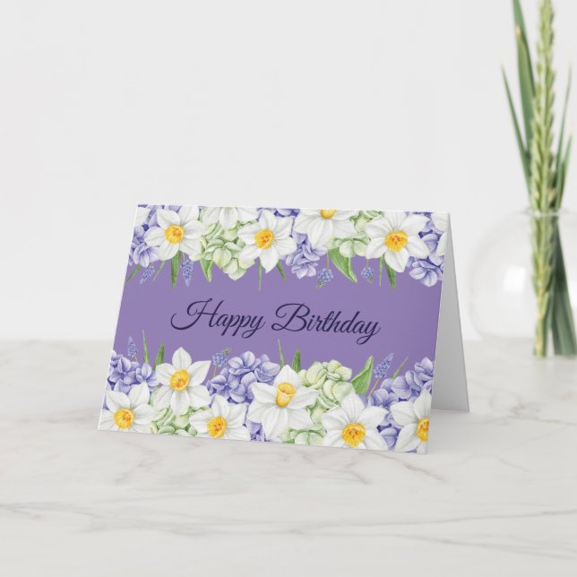 Carte Joyeux anniversaire Daffodil et fleurs d'Hydrangea (Devant)
