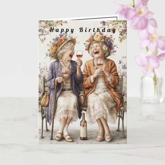 Carte Joyeux Anniversaire Dames qui rient en buvant du V (Orchidée)