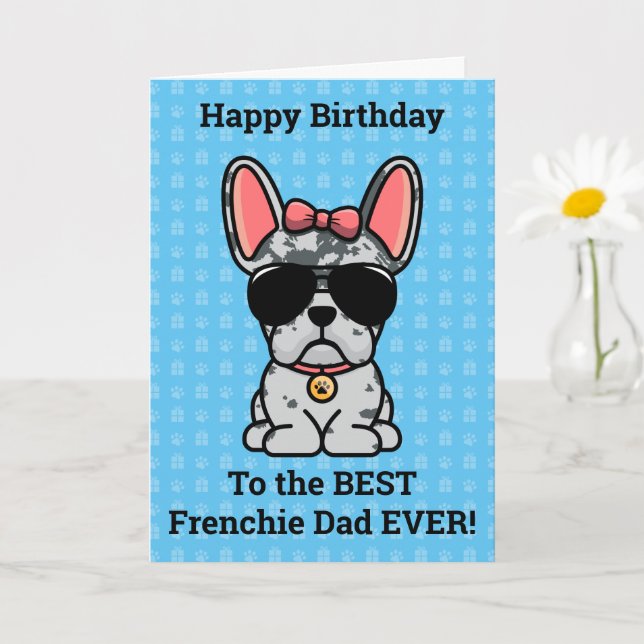 Carte Joyeux anniversaire de Chien Blue Merle French Bul (Petite plante)
