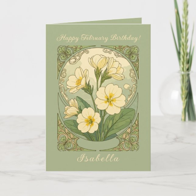 Carte Joyeux anniversaire de février Fleurs de primevère (Devant)