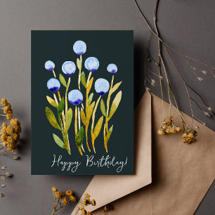 Carte Joyeux anniversaire de fleurs d'aquarelle bleue mi
