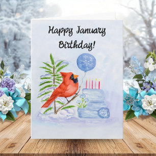 Carte Joyeux anniversaire de janvier Cardinal avec gâtea