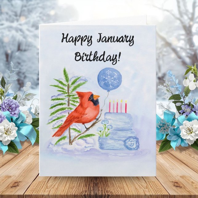 Carte Joyeux anniversaire de janvier Cardinal avec gâtea (Créateur téléchargé)
