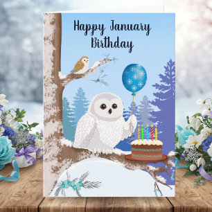 Carte Joyeux anniversaire de janvier Hibou blanc avec gâ