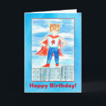 Carte Joyeux anniversaire de Kids<br><div class="desc">A sweet young boy standing on buildings in his red,  white,  and blue superhero costume complete with cape and mask standing tall illustrated with colored pencil and watercolor.</div>