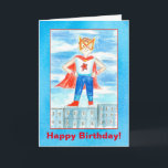 Carte Joyeux anniversaire de Kids<br><div class="desc">A sweet young boy standing on buildings in his red,  white,  and blue superhero costume complete with cape and mask standing tall illustrated with colored pencil and watercolor.</div>