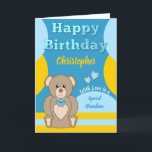Carte Joyeux anniversaire de la fête spéciale Grandson t<br><div class="desc">Personnalisez cette joyeuse carte d'anniversaire pour un petit-fils spécial. Conçu en bleu,  jaune et marron,  avec un ours en peluche mignon. Ajoutez un nom et votre message. Joyeux anniversaire avec amour</div>