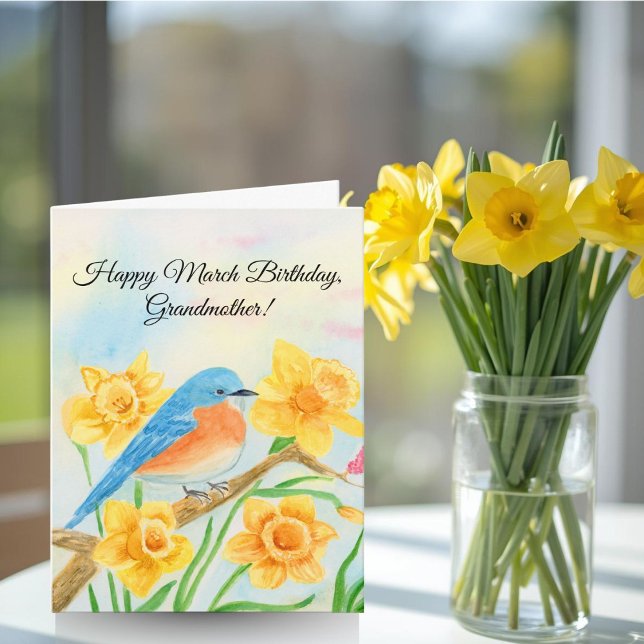 Carte Joyeux anniversaire de mars grand-mère oiseau bleu (Créateur téléchargé)