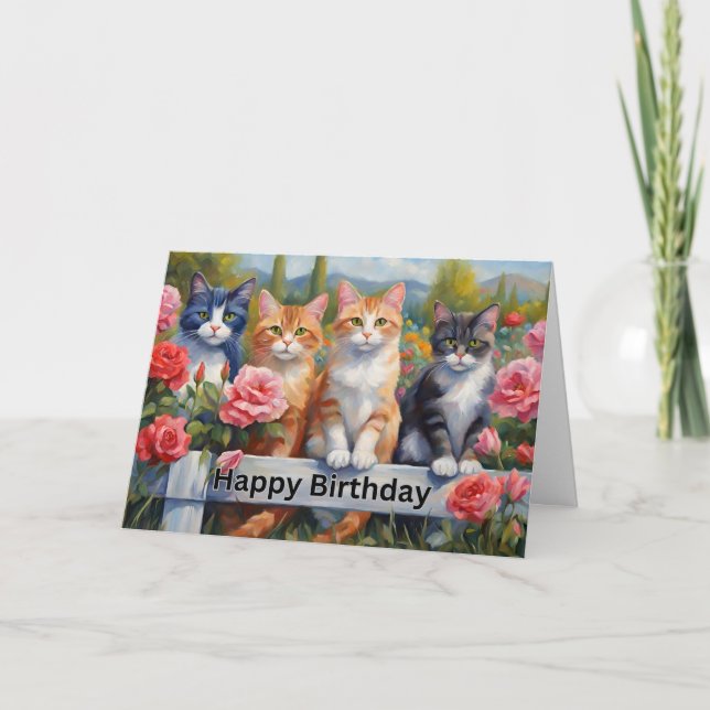 Carte Joyeux Anniversaire de mignons chats à Flower Gard (Devant)