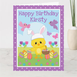 Carte Joyeux Anniversaire de Pâques avec Poussin et Œufs