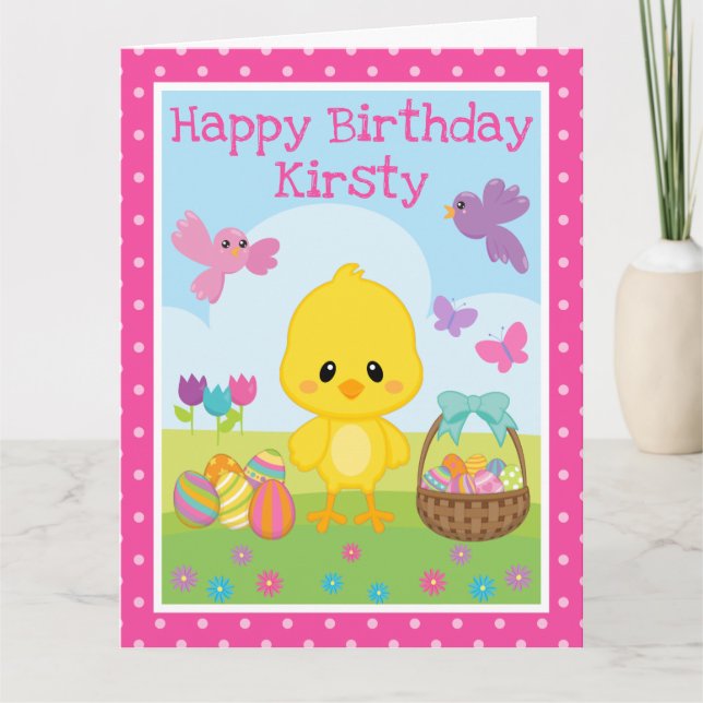 Carte Joyeux anniversaire de Pâques avec poussin et œufs (Devant)