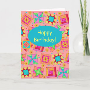 Carte Joyeux anniversaire de patchwork d'art orange de