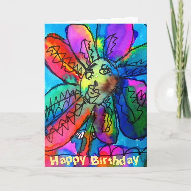 Carte Joyeux anniversaire d'enfant Flower's art rose et  (Devant)
