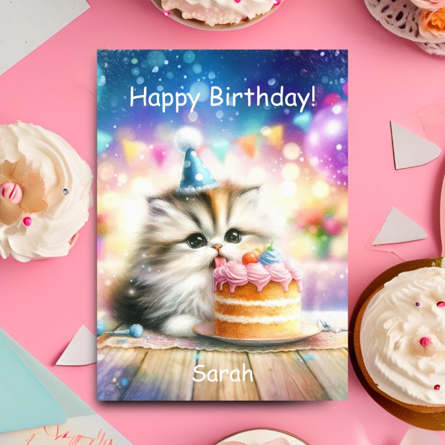 Carte Joyeux Anniversaire Douce Kitty Avec Gâteau Person (Purrfect celebration: Sweet kitty, cake, joy. Personalize for unforgettable birthday wishes!)