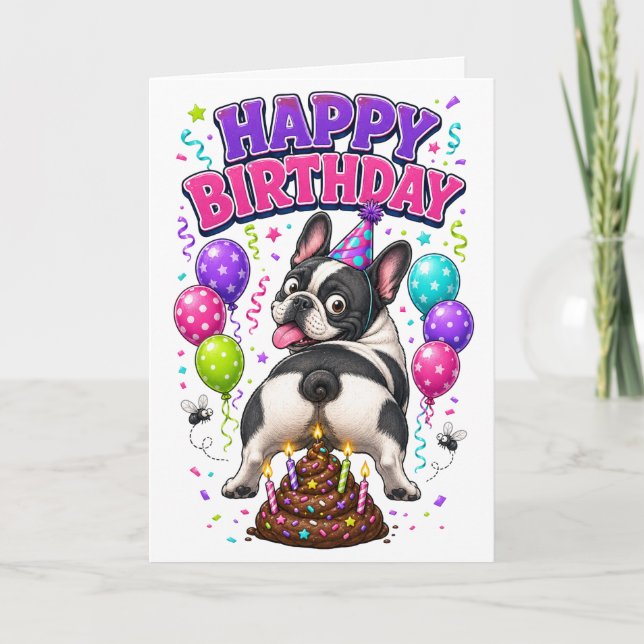 Carte Joyeux Anniversaire Drôle de Chien qui Défèque (Devant)