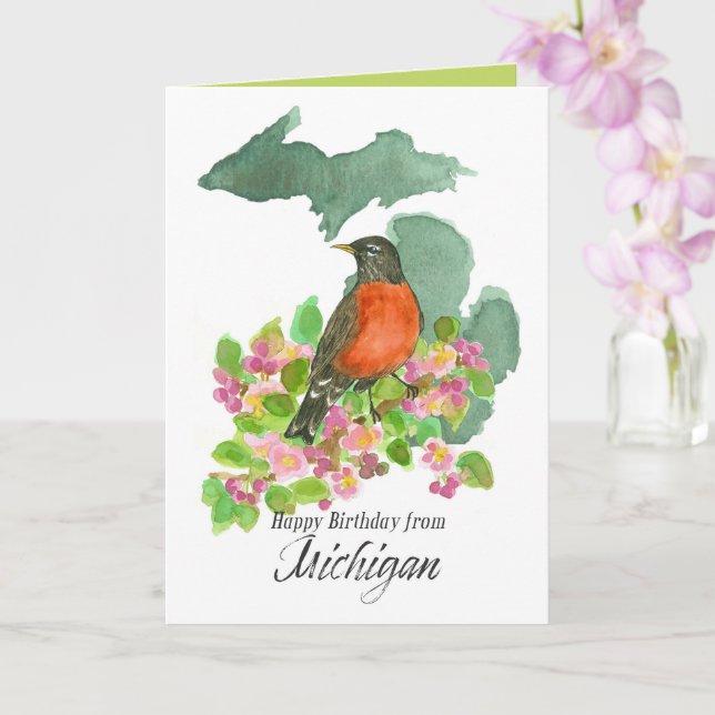 Carte Joyeux anniversaire du Michigan Robin Apple Blosso (Orchidée)