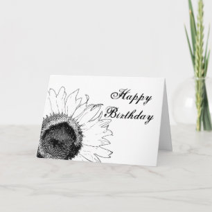 Carte Joyeux anniversaire du tournesol noir et blanc
